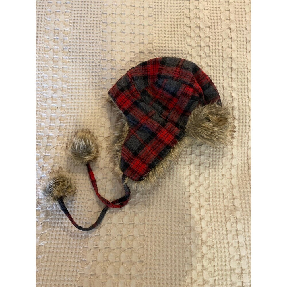 Trapper Hat Cap Faux Fur Red Black Flannel Plaid Ear Flaps‎ that tie Insulated